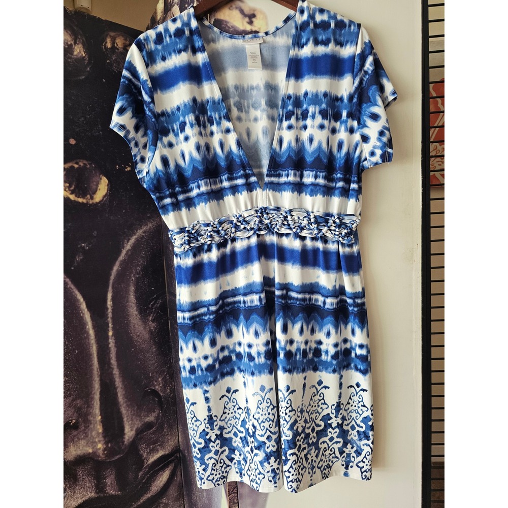 Dotti Blue White Tie Dye Short Sleeve‎ V Neck Knee Length Cover Up Dress Size L